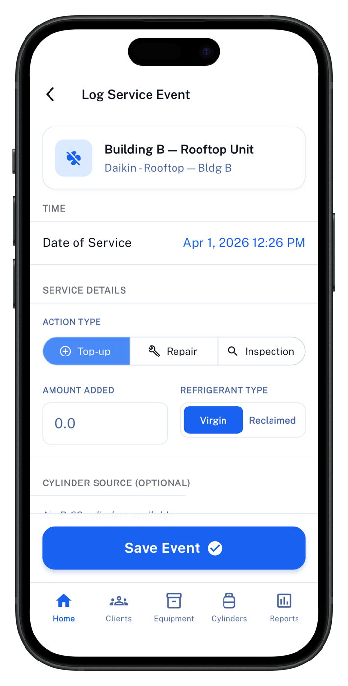 LeakRate refrigerant service event logging with pounds added and refrigerant type tracking